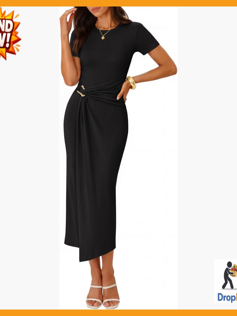 Short Sleeve Bodycon Midi Dress Ruched Elegant Cocktail Party Wedding Guest